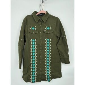 NWT Lucky & Blessed Shirt Dress Womens Small Olive Green Denim Button Embroidery